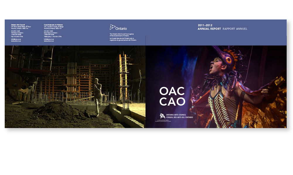 Bilingual annual report, showcasing 216 Ontario Communities, where artists and organizations received OAC grants.